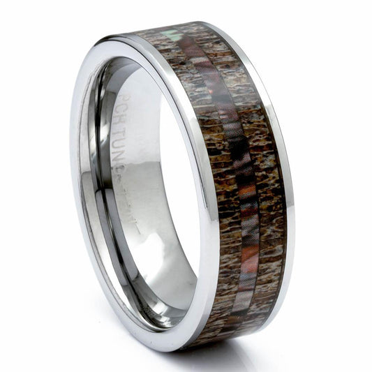 Men's Tungsten Ring With Antler and Camo Inlay, 8mm Comfort Fit Wedding Band - PCH Rings