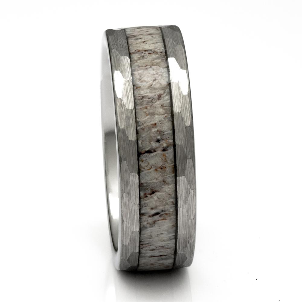 Men's Deer Antler Ring With Hammered Finish, 8mm Comfort Fit Band - PCH Rings