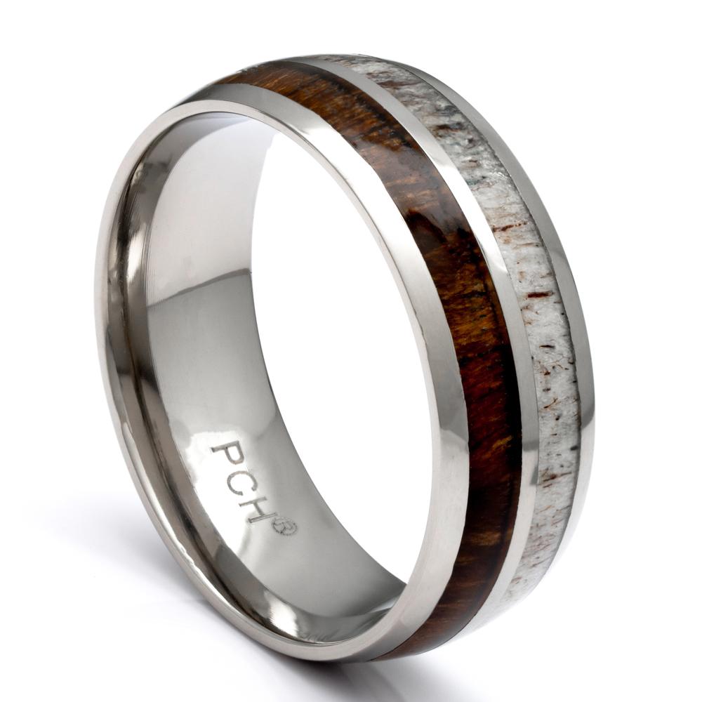 Tungsten Deer Antler Ring With Hawaiian Koa Wood Inlay, 8mm Comfort Fit Wedding Band - PCH Rings