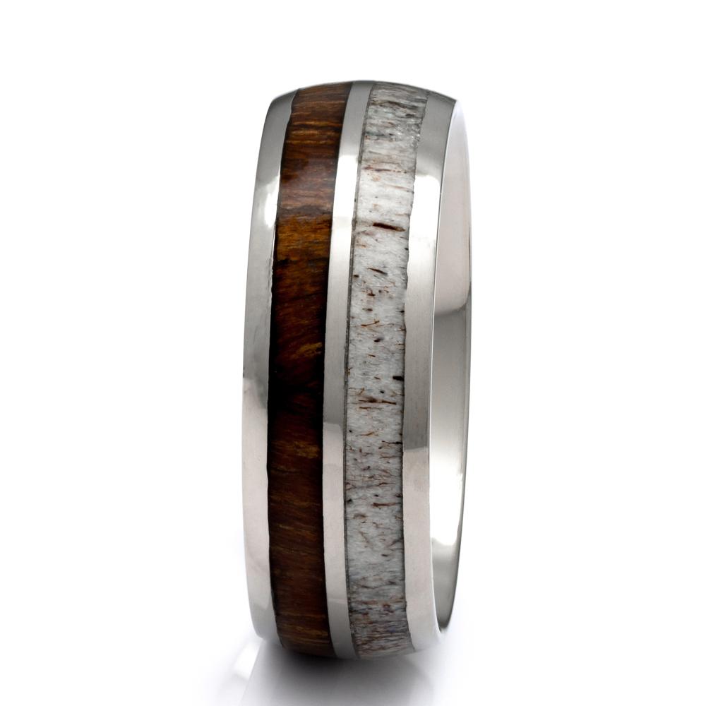 Tungsten Deer Antler Ring With Hawaiian Koa Wood Inlay, 8mm Comfort Fit Wedding Band - PCH Rings