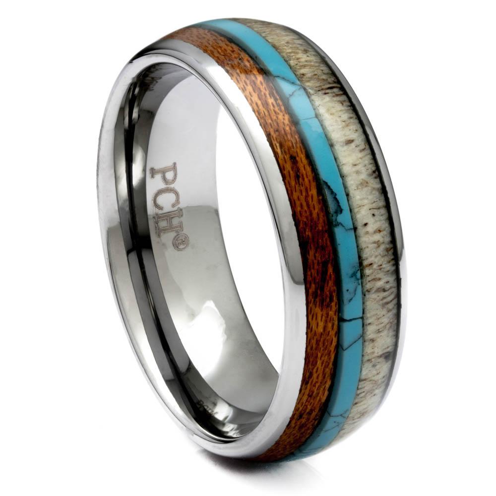 Tungsten Antler Ring With Turquoise and Koa Wood Inlay, 8mm Comfort Fit Wedding Band - PCH Rings