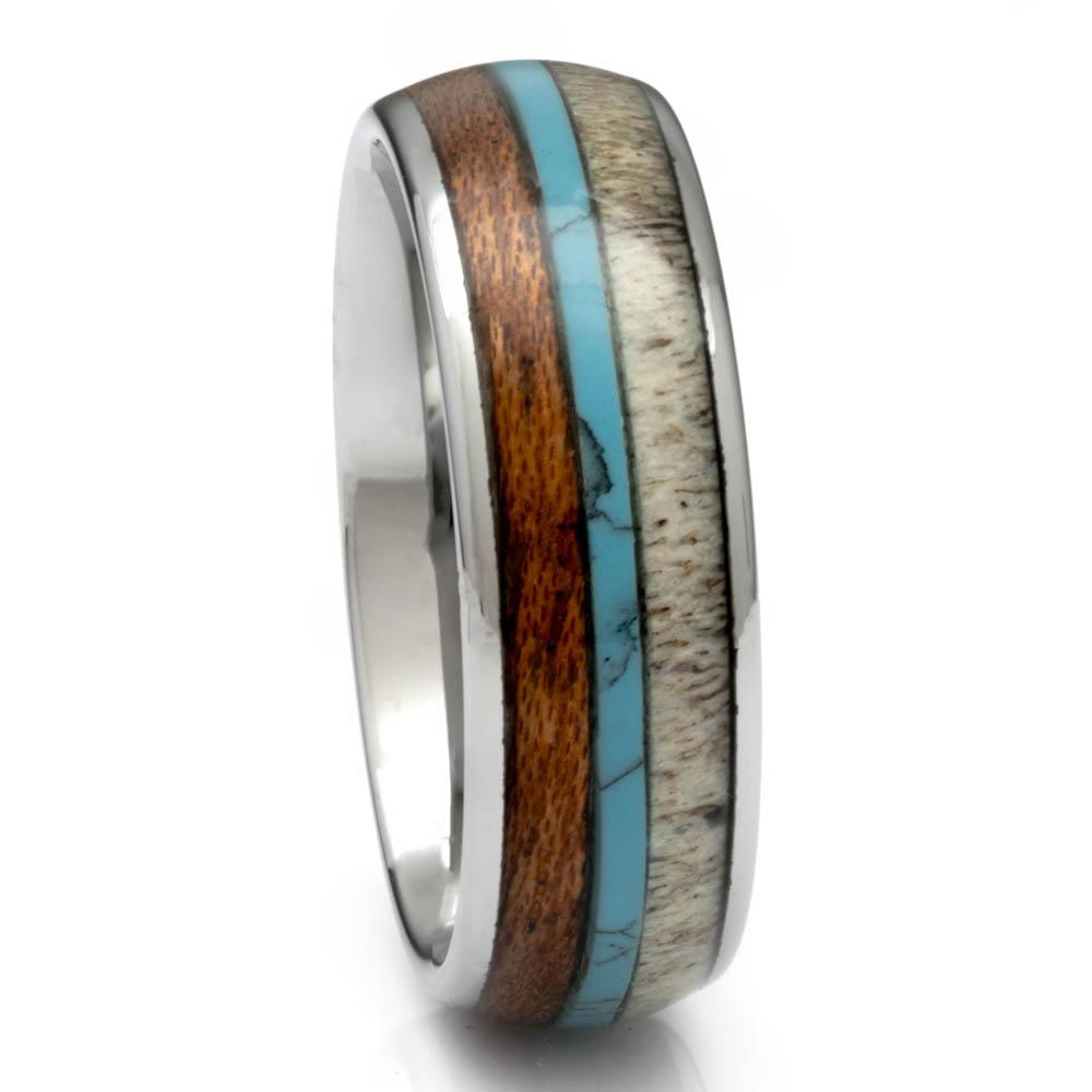 Tungsten Antler Ring With Turquoise and Koa Wood Inlay, 8mm Comfort Fit Wedding Band - PCH Rings