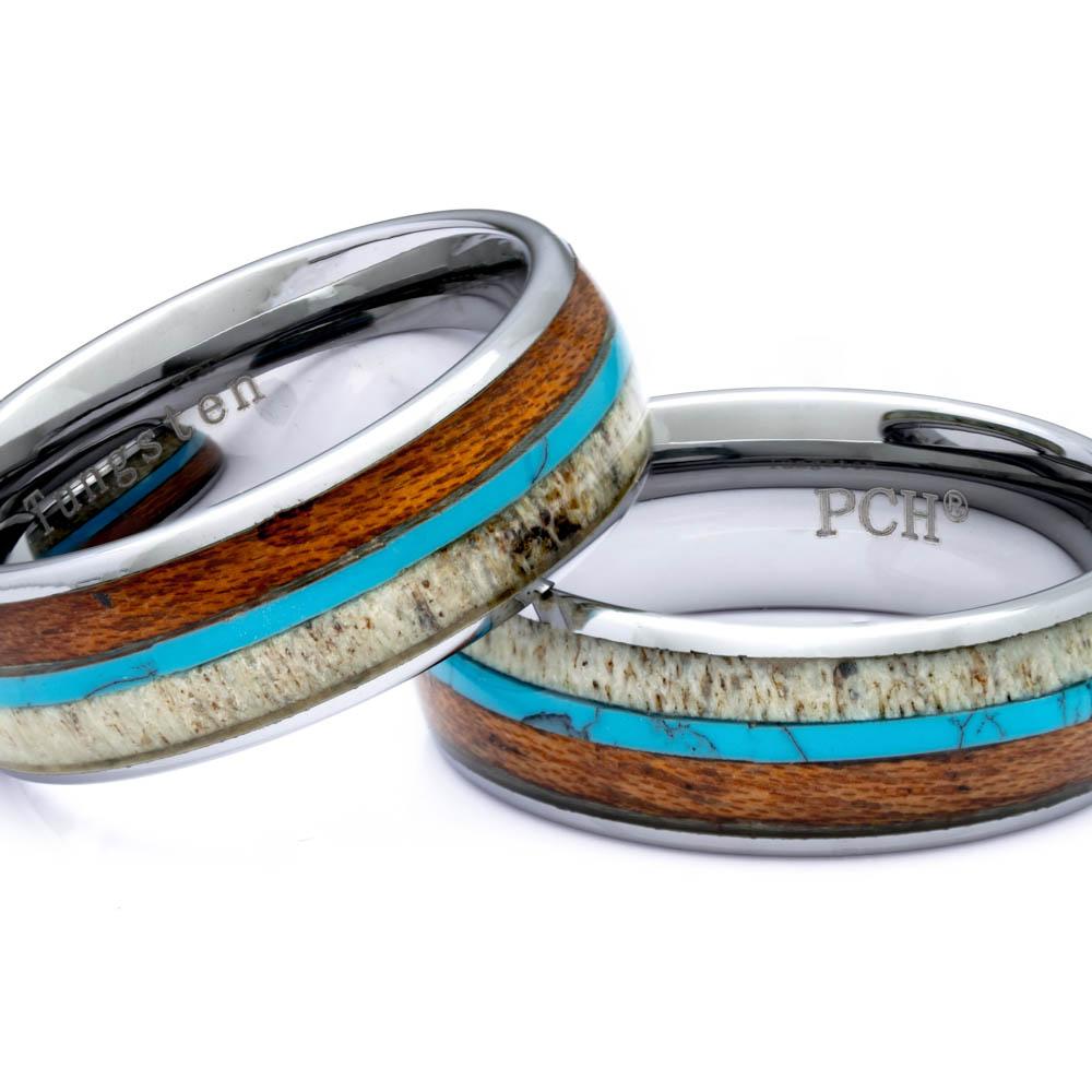 Tungsten Antler Ring With Turquoise and Koa Wood Inlay, 8mm Comfort Fit Wedding Band - PCH Rings