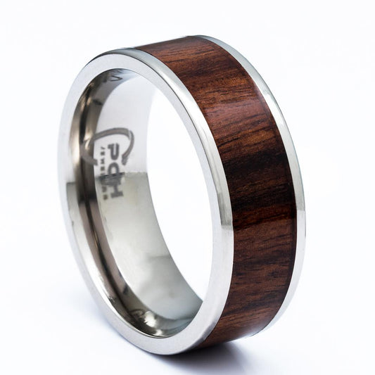 Titanium Ring With Koa Wood Inlay, 8mm Comfort Fit Wedding Band - PCH Rings