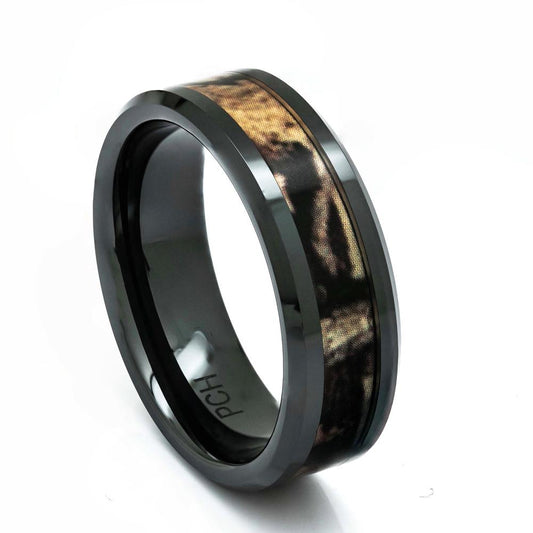 Black Ceramic Camo Ring, 8mm Comfort Fit Wedding Band - PCH Rings