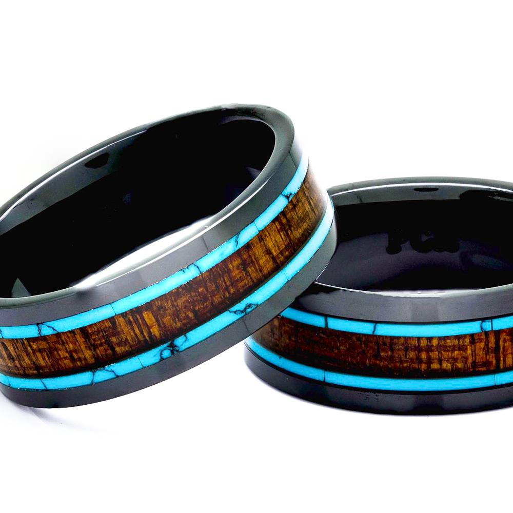 Black Ceramic Wood Ring With Turquoise Inlay, 8mm Comfort Fit Wedding Band - PCH Rings