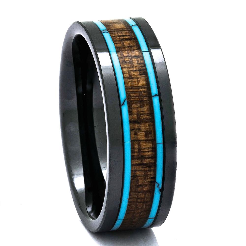 Black Ceramic Wood Ring With Turquoise Inlay, 8mm Comfort Fit Wedding Band - PCH Rings