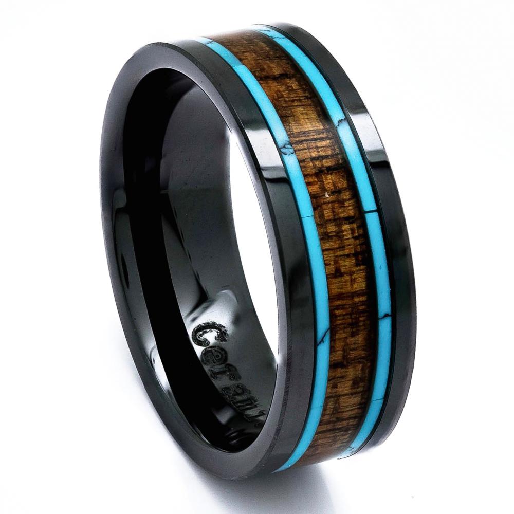 Black Ceramic Wood Ring With Turquoise Inlay, 8mm Comfort Fit Wedding Band