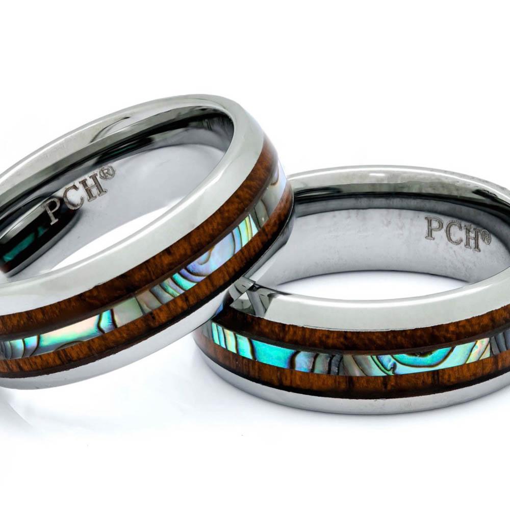 Tungsten Wood Ring With Abalone Inlay, 8mm Comfort Fit Wedding Band - PCH Rings