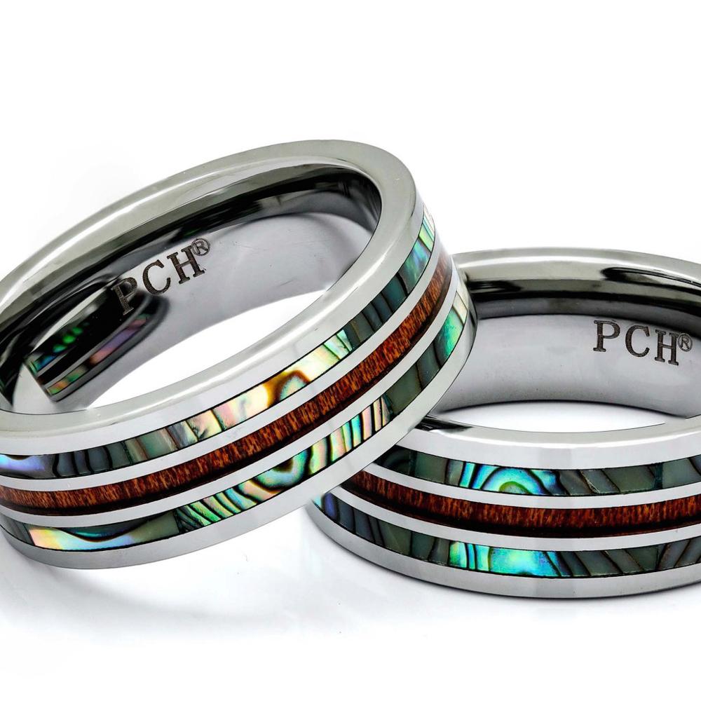 Tungsten Wood Ring With Abalone Shell Inlay, 8mm Comfort Fit Wedding Band - PCH Rings