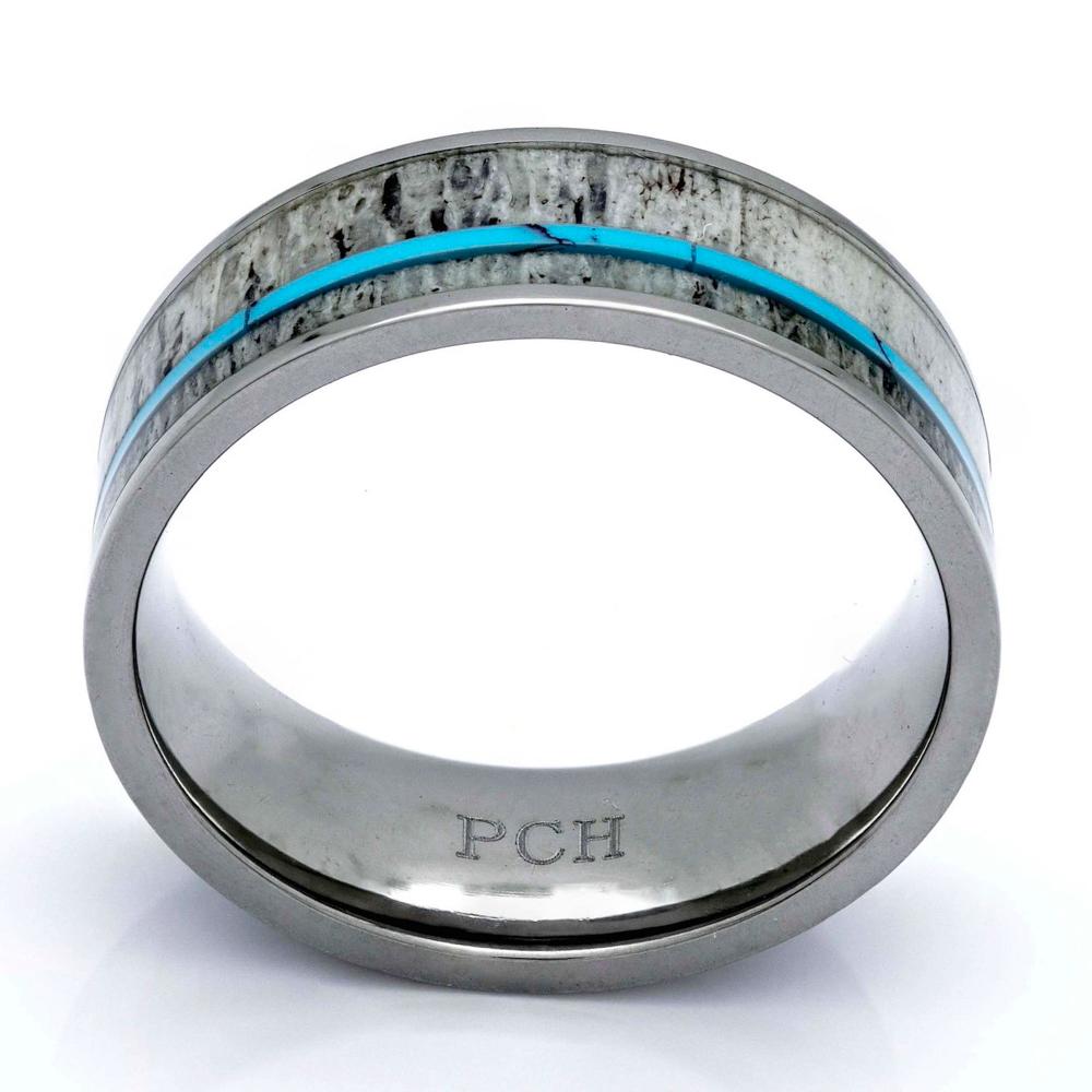 Titanium Deer Antler Ring With Turquoise Inlay, 8mm Comfort Fit Wedding Band - PCH Rings