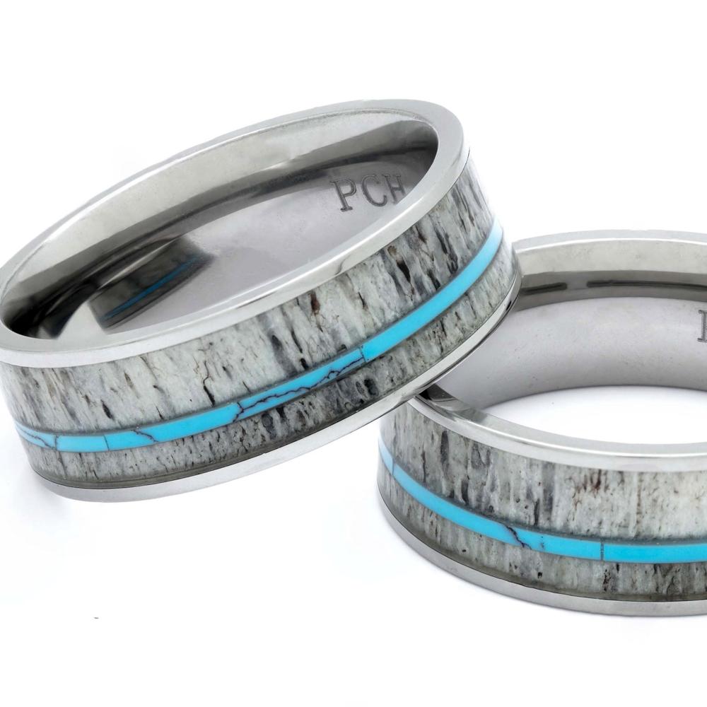 Titanium Deer Antler Ring With Turquoise Inlay, 8mm Comfort Fit Wedding Band - PCH Rings