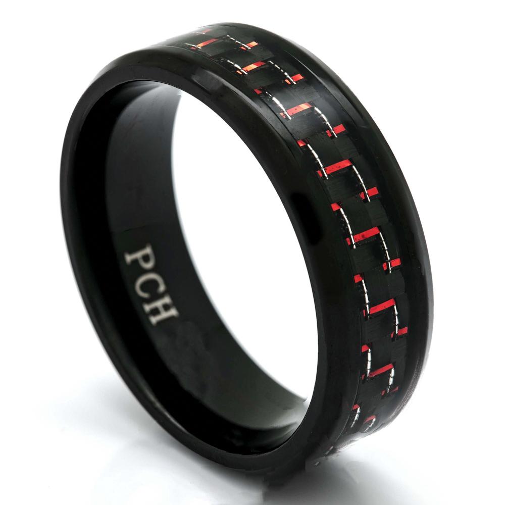 Men's Black Titanium Ring With Red and Black Carbon Fiber, 8mm Comfort Fit Wedding Band - PCH Rings