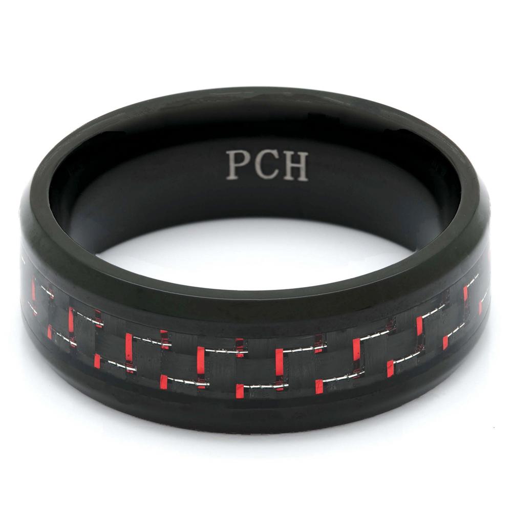 Men's Black Titanium Ring With Red and Black Carbon Fiber, 8mm Comfort Fit Wedding Band - PCH Rings