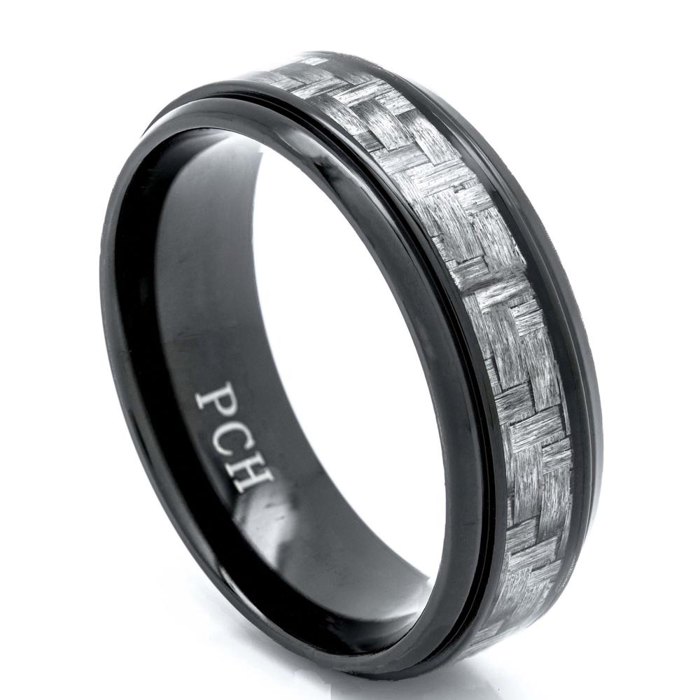 Men's Carbon Fiber Ring Set In Black Titanium, 8mm Comfort Fit Wedding Band - PCH Rings