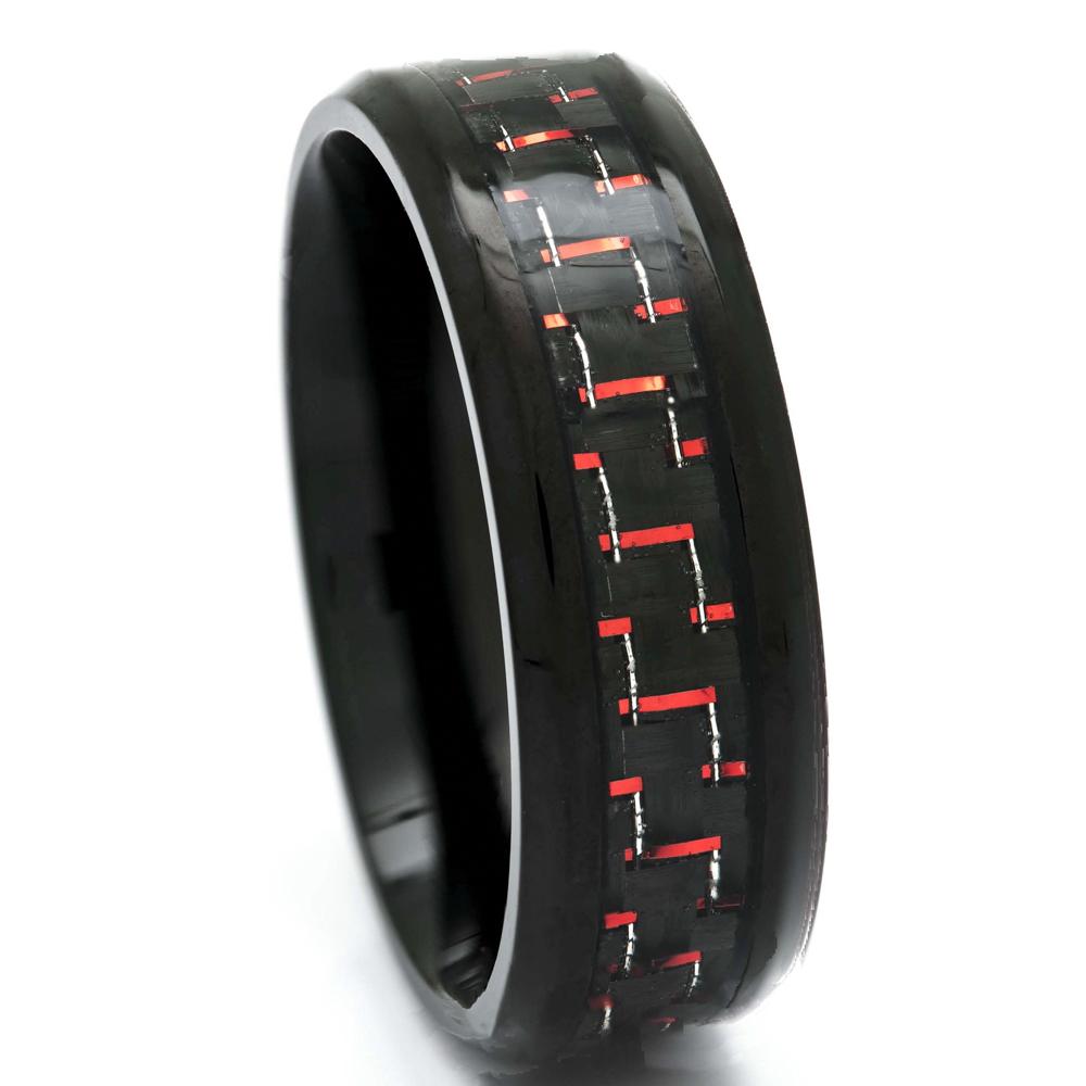 Men's Black Titanium Ring With Red and Black Carbon Fiber, 8mm Comfort Fit Wedding Band - PCH Rings