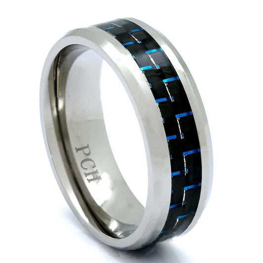 Titanium Ring With Blue Carbon Fiber Inlay, 8mm Comfort Fit Wedding Band - PCH Rings