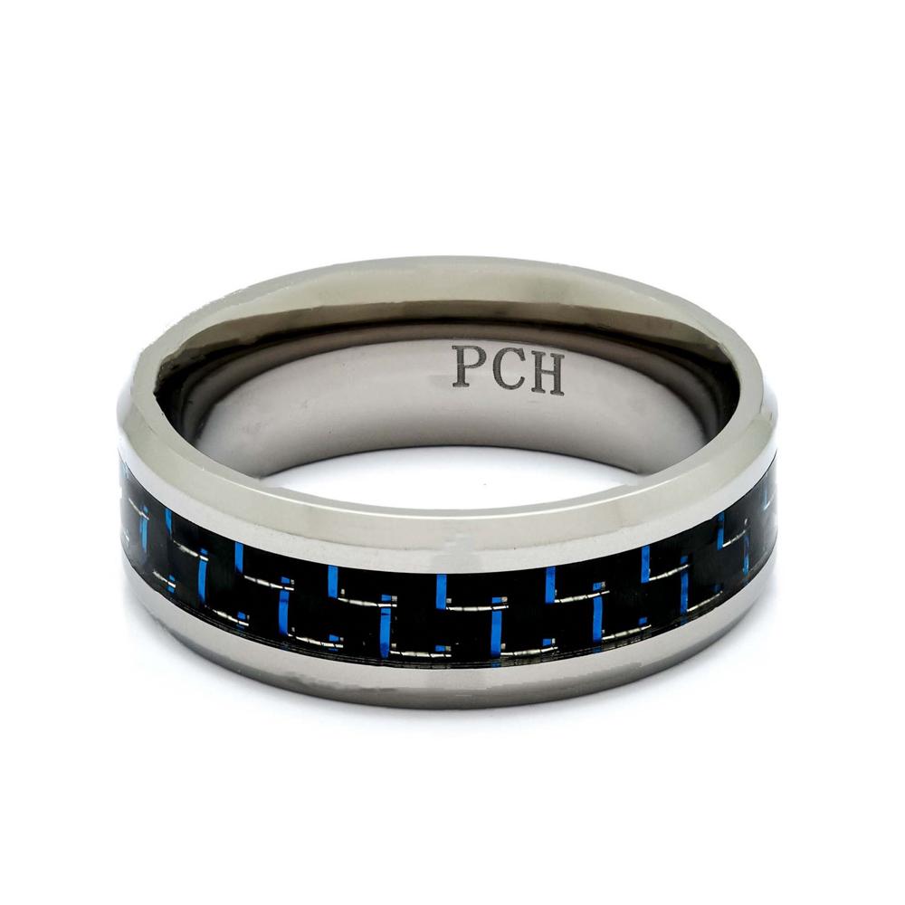 Titanium Ring With Blue Carbon Fiber Inlay, 8mm Comfort Fit Wedding Band - PCH Rings