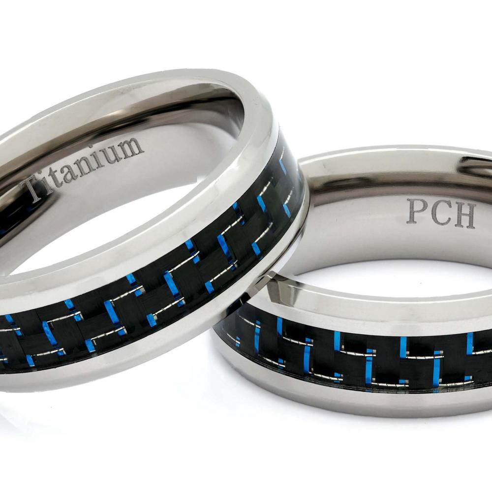 Titanium Ring With Blue Carbon Fiber Inlay, 8mm Comfort Fit Wedding Band - PCH Rings