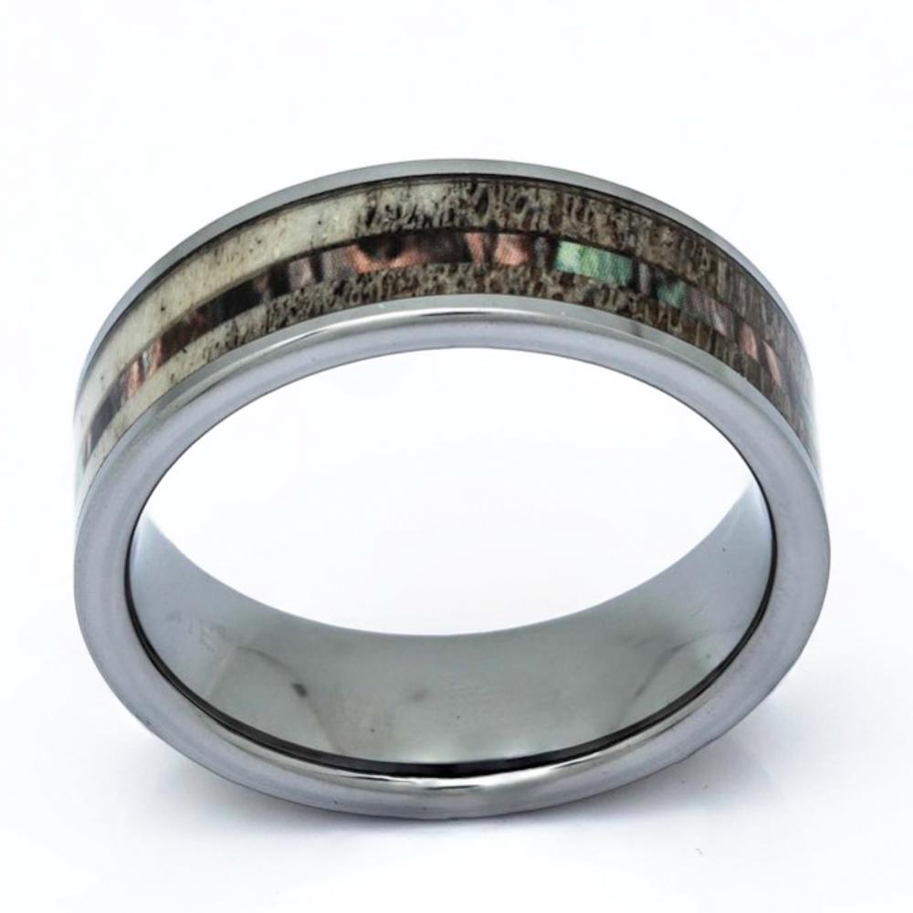 Deer Antler Ring With Camouflage Inlay, Titanium Ring, 8mm Comfort Fit Wedding Band - PCH Rings