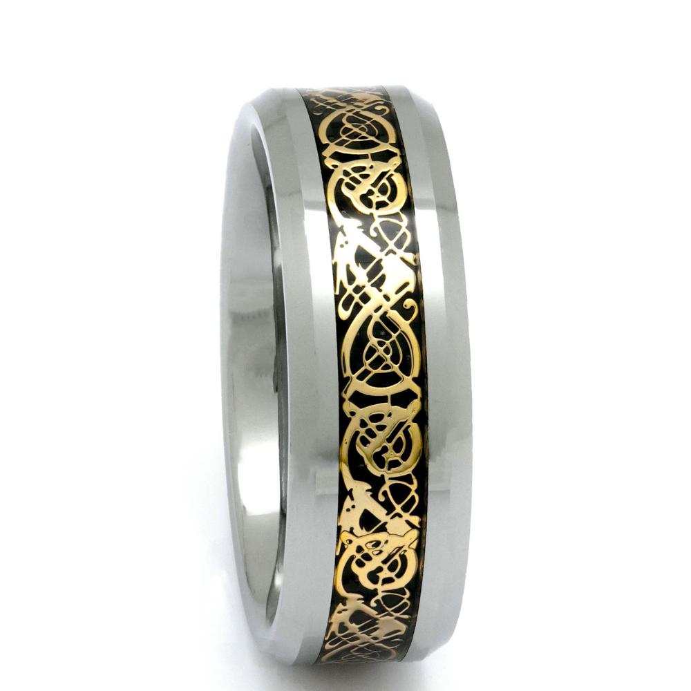 Men's Tungsten Ring With Celtic Pattern Inlay, 8mm Comfort Fit Wedding Band - PCH Rings