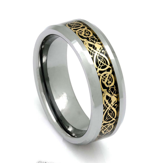 Men's Tungsten Ring With Celtic Pattern Inlay, 8mm Comfort Fit Wedding Band - PCH Rings