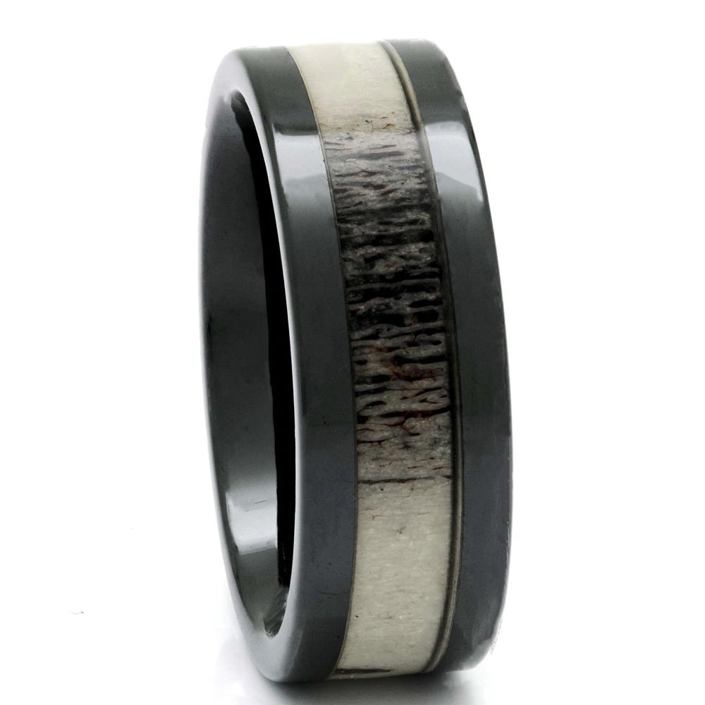 Men's Deer Antler Ring in Black Ceramic, 8mm Comfort Fit Wedding Band - PCH Rings