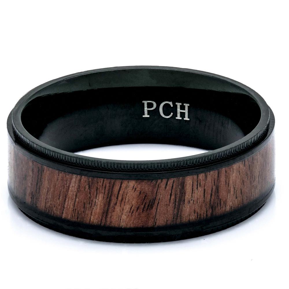 Titanium Koa Wood Ring, Black Titanium, 8mm Comfort Fit Wedding Band - PCH Rings