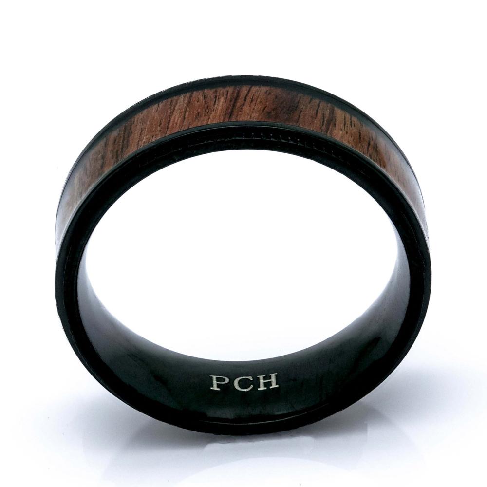 Titanium Koa Wood Ring, Black Titanium, 8mm Comfort Fit Wedding Band - PCH Rings