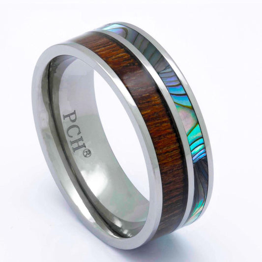 Titanium Koa Wood Ring With Abalone Inlay, 8mm Comfort fit Wedding Band - PCH Rings