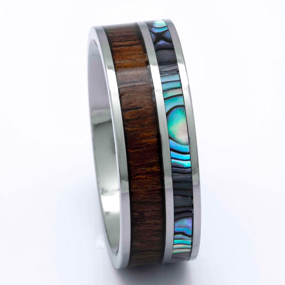 Titanium Koa Wood Ring With Abalone Inlay, 8mm Comfort fit Wedding Band - PCH Rings