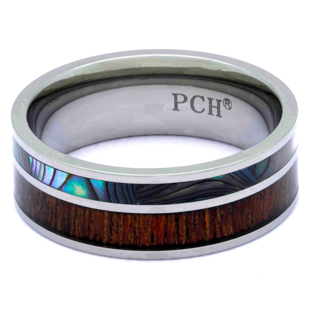 Titanium Koa Wood Ring With Abalone Inlay, 8mm Comfort fit Wedding Band - PCH Rings