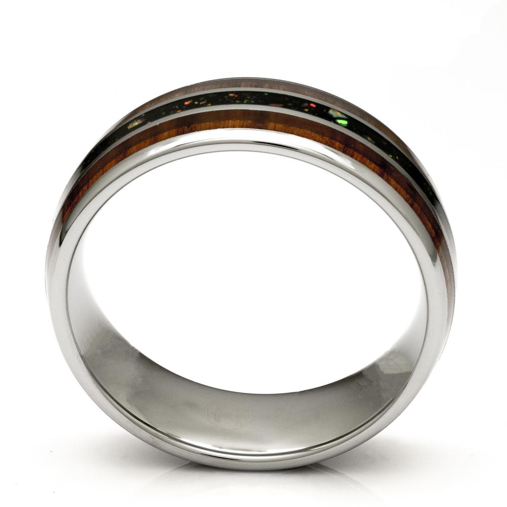 Tungsten Ring With Wood and Opal Inlay, 8mm Comfort Fit Wedding Band - PCH Rings