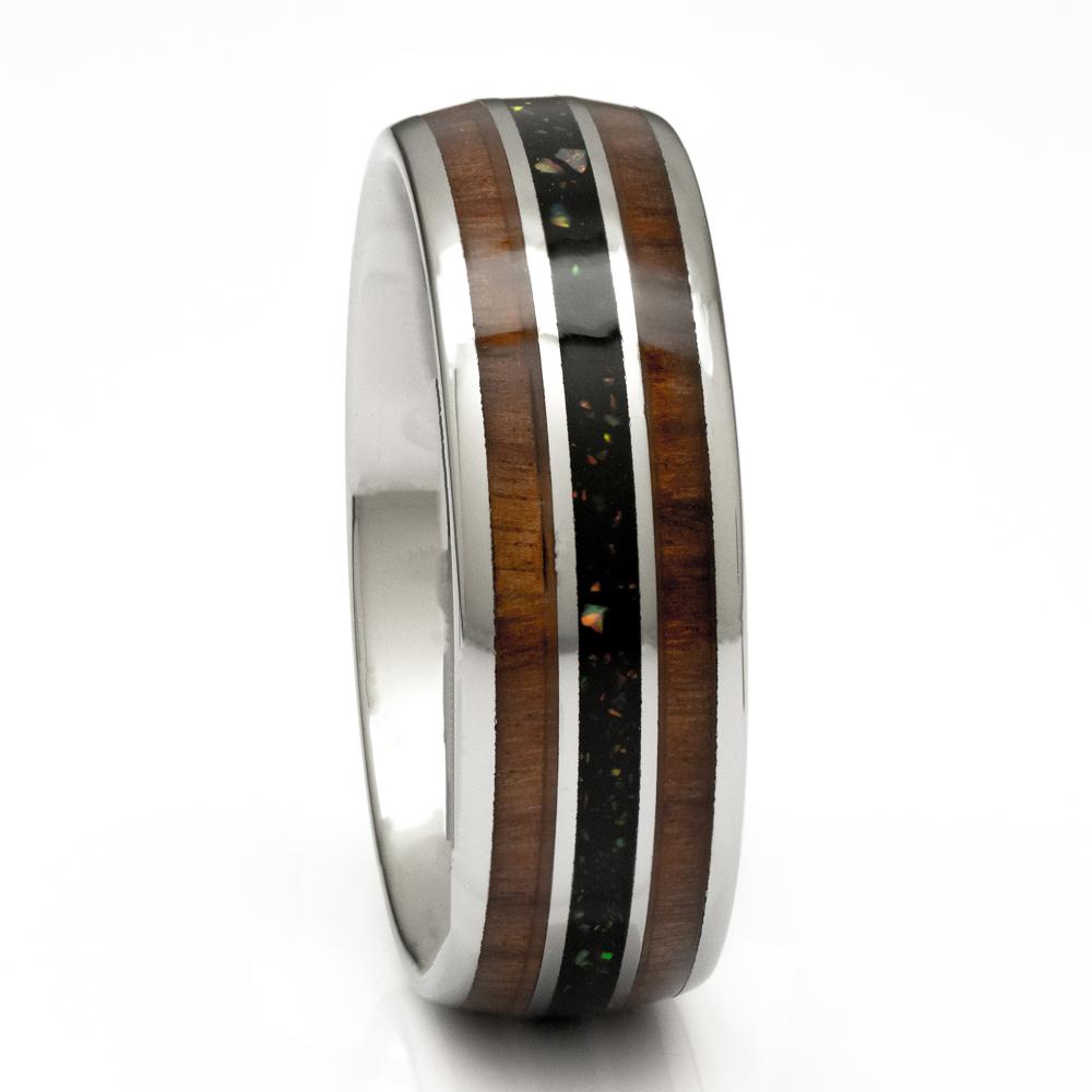 Tungsten Ring With Wood and Opal Inlay, 8mm Comfort Fit Wedding Band - PCH Rings