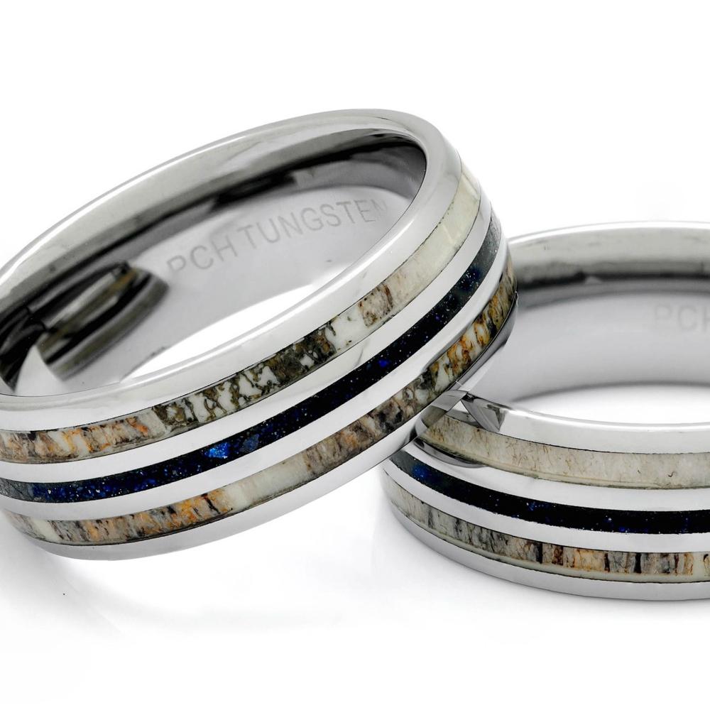 Tungsten Deer Antler Ring With Blue Lapis Inlay, 8mm Comfort Fit Wedding Band - PCH Rings