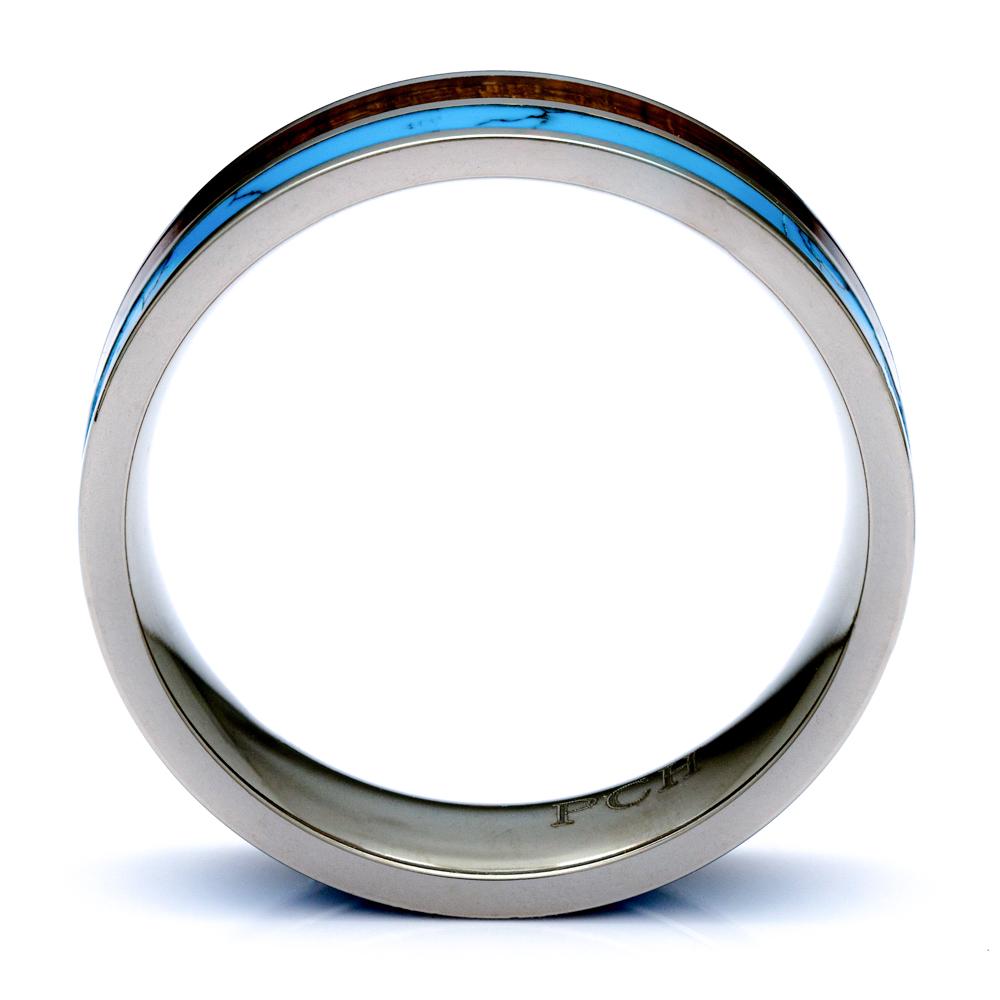 Hawaiian Koa Wood Ring With Turquoise Inlay, Titanium 6mm Comfort Fit Wedding Band - PCH Rings