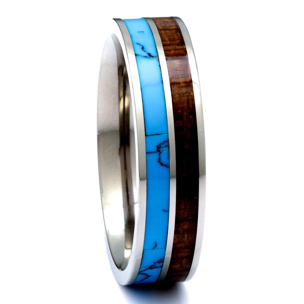 Hawaiian Koa Wood Ring With Turquoise Inlay, Titanium 6mm Comfort Fit Wedding Band - PCH Rings