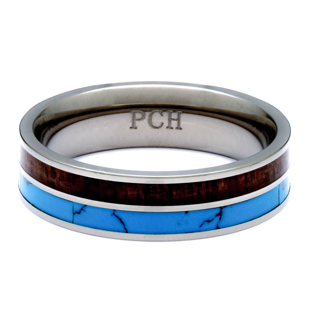 Hawaiian Koa Wood Ring With Turquoise Inlay, Titanium 6mm Comfort Fit Wedding Band - PCH Rings