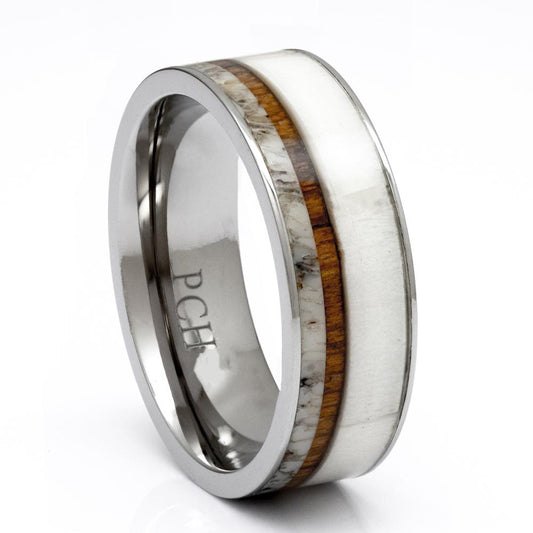 Titanium Deer Antler Ring With Koa Wood Inlay, 8mm Comfort Fit Wedding Band - PCH Rings