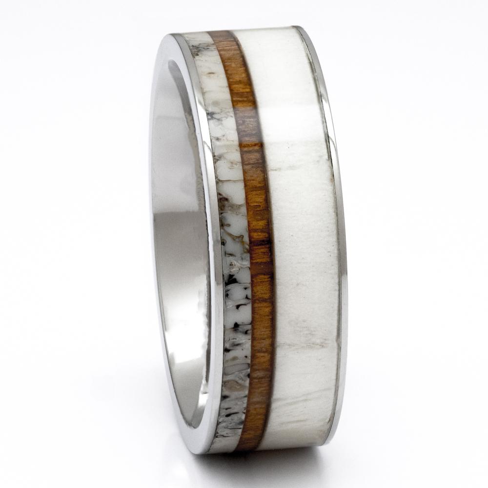 Titanium Deer Antler Ring With Koa Wood Inlay, 8mm Comfort Fit Wedding Band - PCH Rings