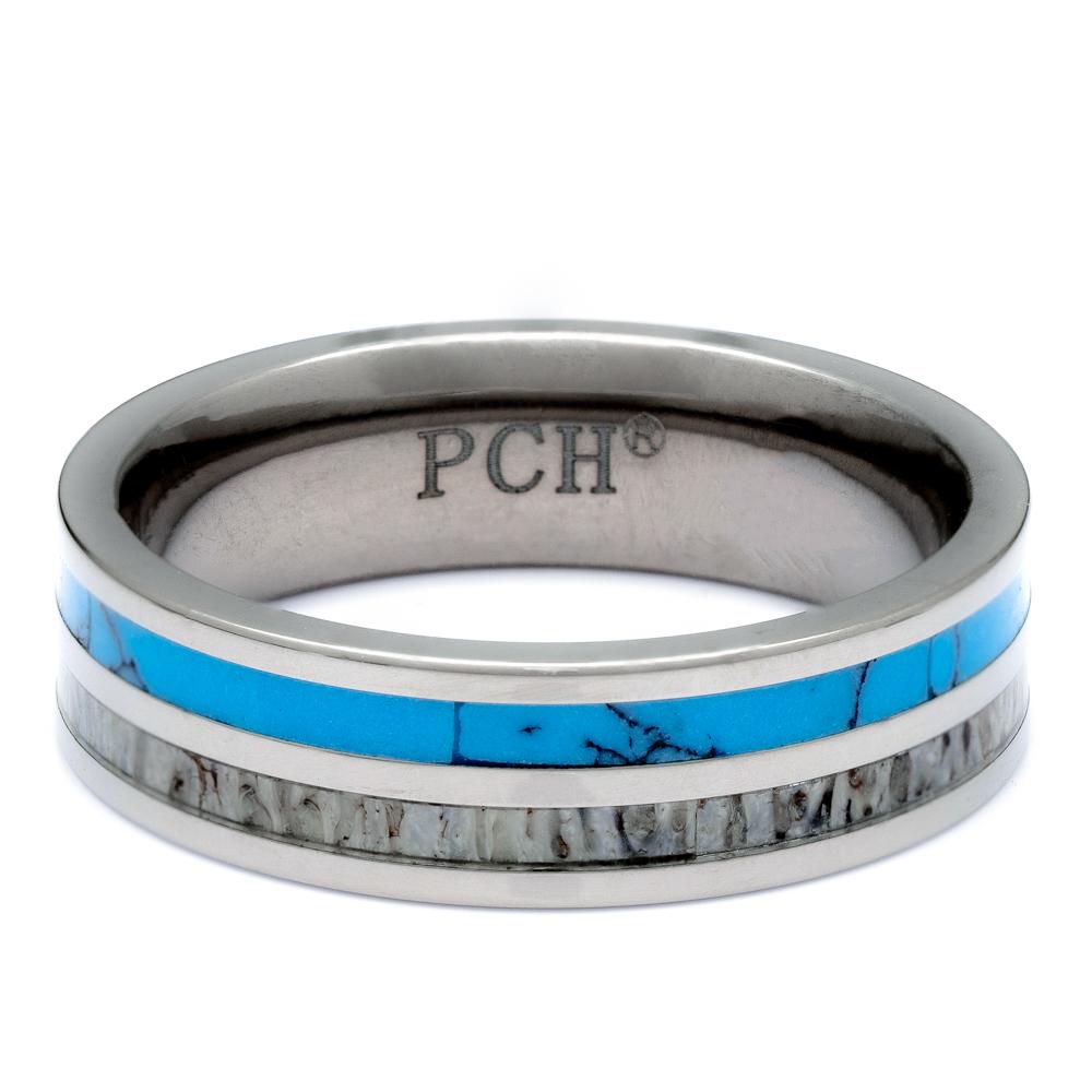 Titanium Deer Antler ring With Turquoise Inlay, 6mm Comfort Fit Wedding Band - PCH Rings