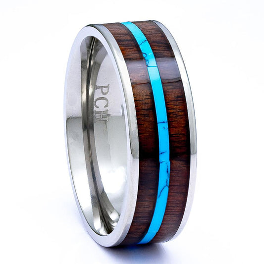 Titanium Ring With Hawaiian Koa Wood Inlay and Turquoise, 8mm Comfort Fit - PCH Rings