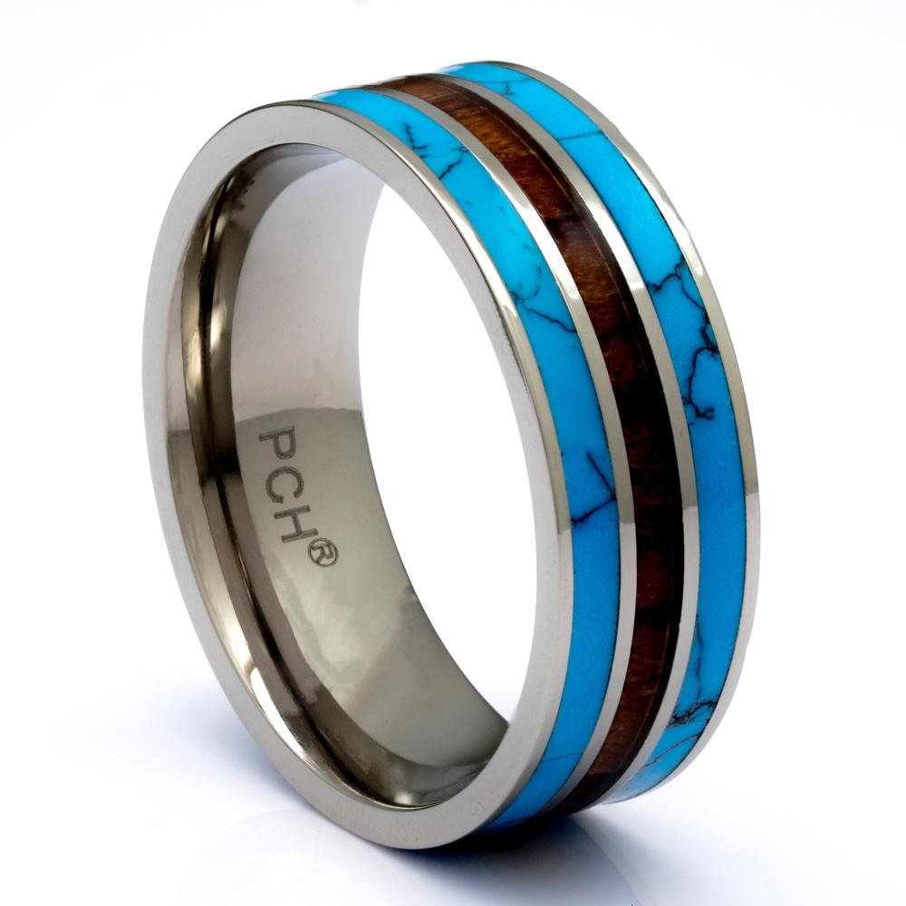 Men's Titanium ring With Koa Wood And Turquoise Inlay, 8mm Comfort Fit  Wedding Band