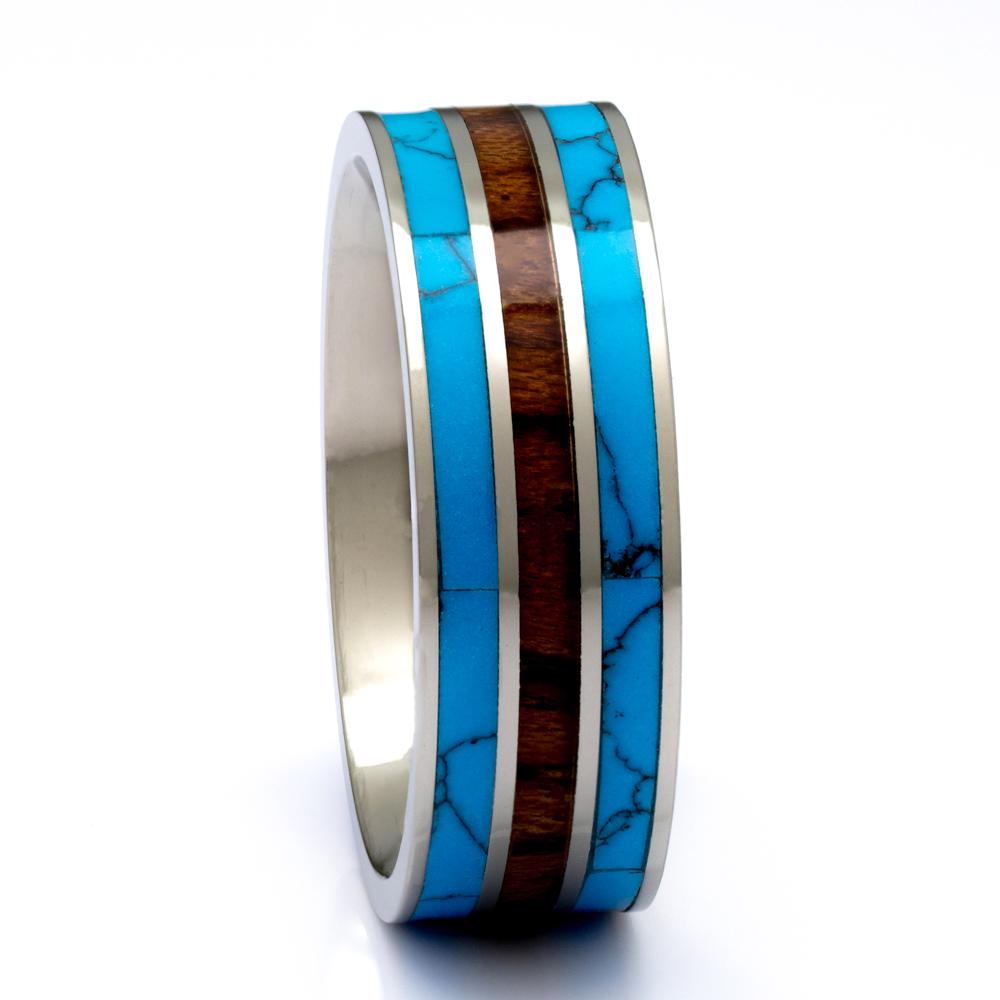 Men's Titanium ring With Koa Wood And Turquoise Inlay, 8mm Comfort Fit Wedding Band - PCH Rings