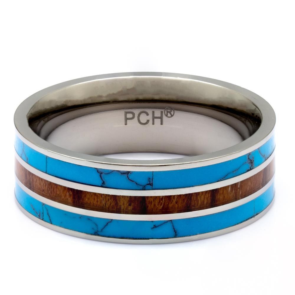 Men's Titanium ring With Koa Wood And Turquoise Inlay, 8mm Comfort Fit Wedding Band - PCH Rings