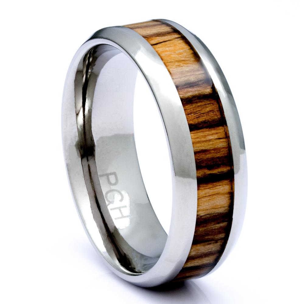 Titanium Ring With Zebra Wood Inlay, 8mm Comfort Fit Wedding Band - PCH Rings