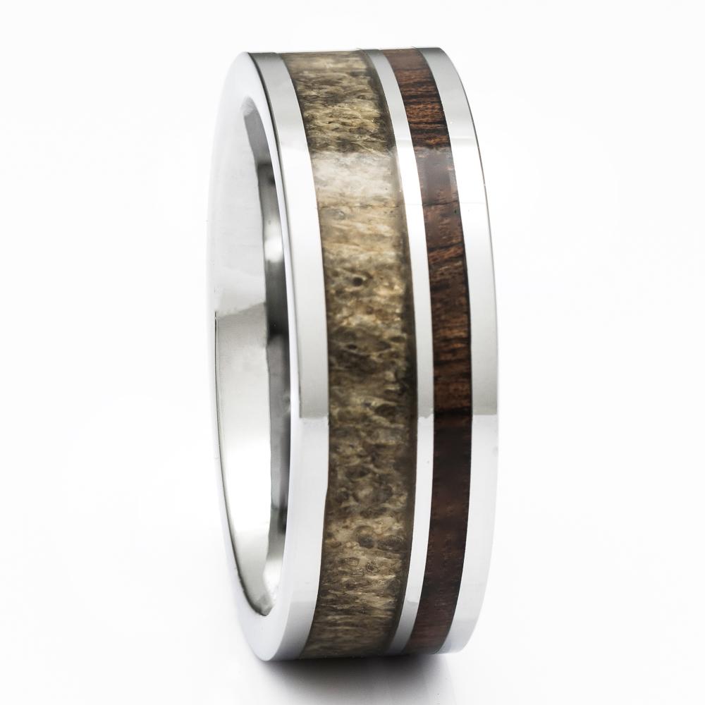 Men's Deer Antler Ring In Tungsten With Koa Wood Inlay, 8mm Comfort Fit Wedding Band - PCH Rings
