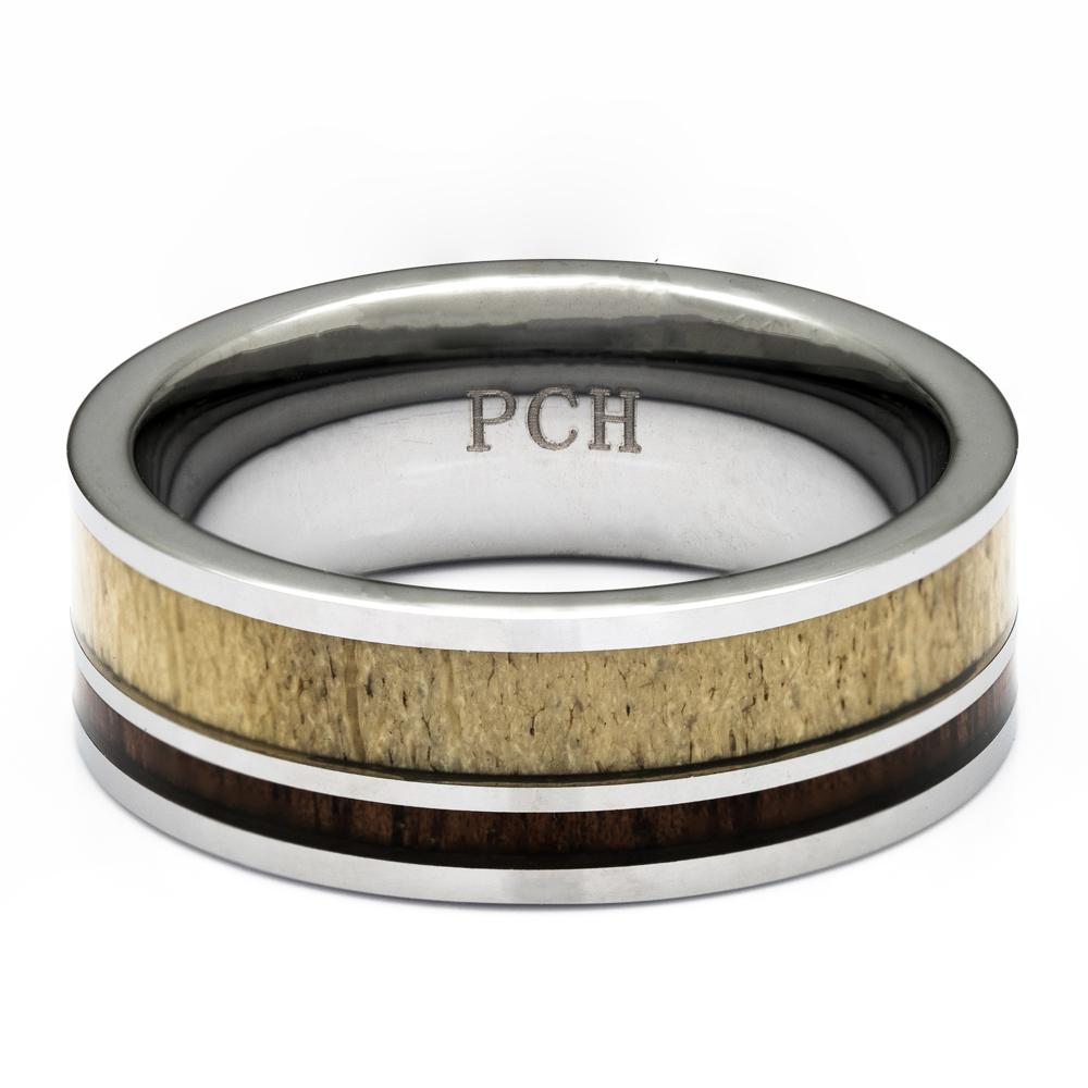 Men's Deer Antler Ring In Tungsten With Koa Wood Inlay, 8mm Comfort Fit Wedding Band - PCH Rings
