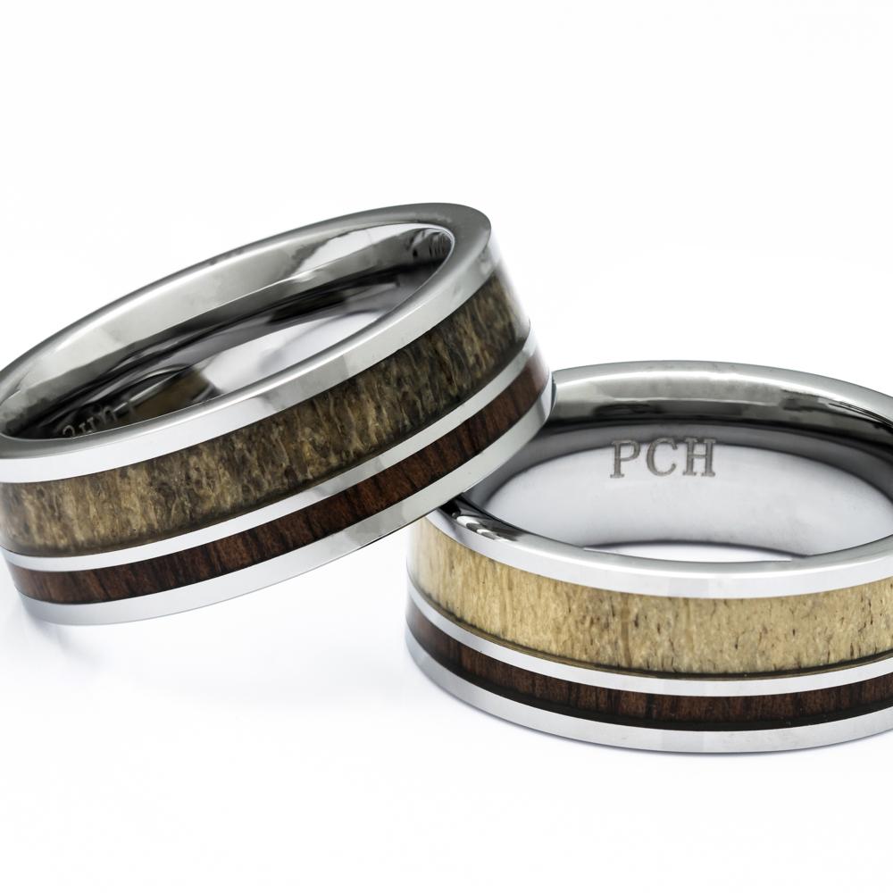 Men's Deer Antler Ring In Tungsten With Koa Wood Inlay, 8mm Comfort Fit Wedding Band - PCH Rings