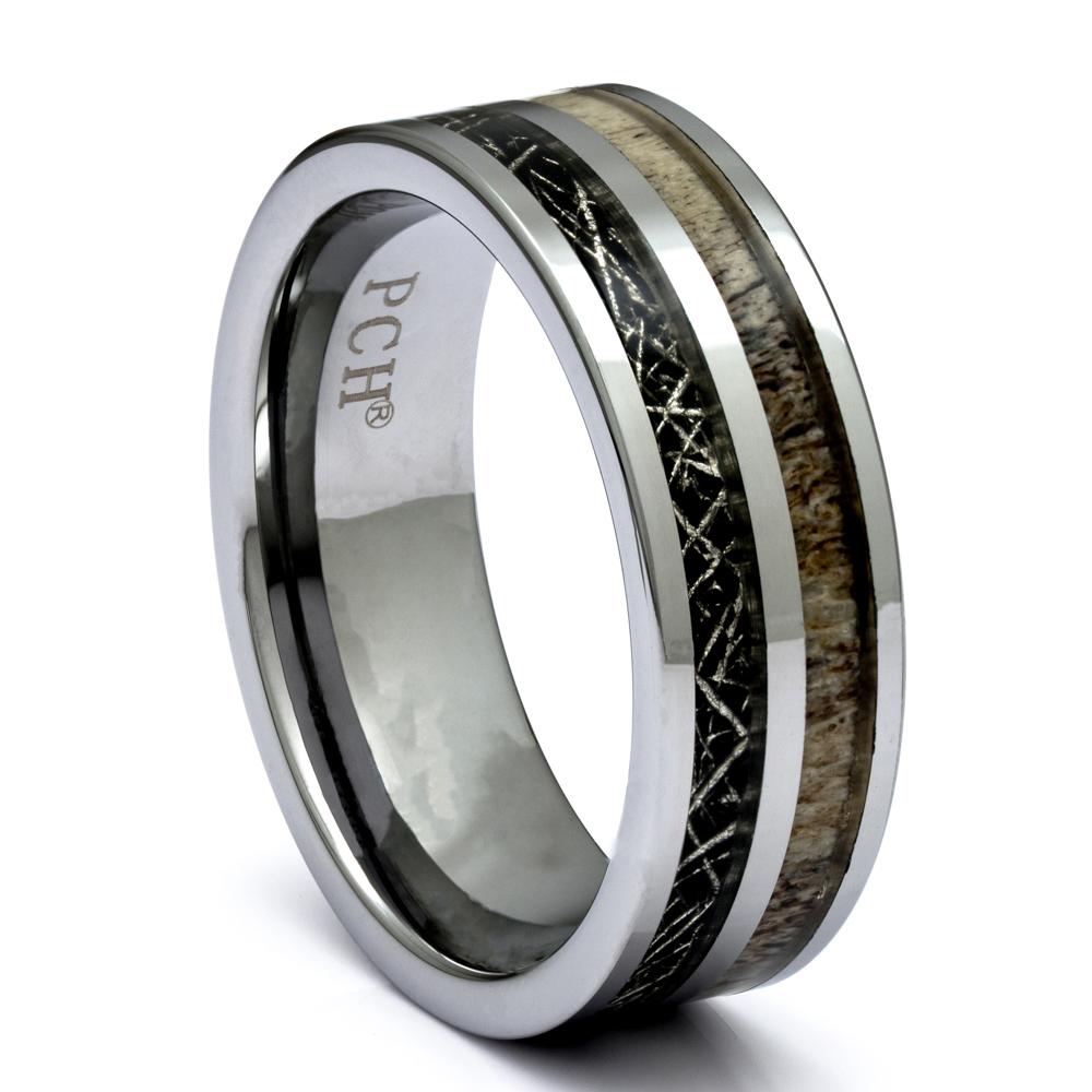 Men's Tungsten popular Ring With Antler and Meteorite Inlay, 8mm Comfort Fit, Wedding Band, Black Tungsten Ring with Deer Antler and Meteorite